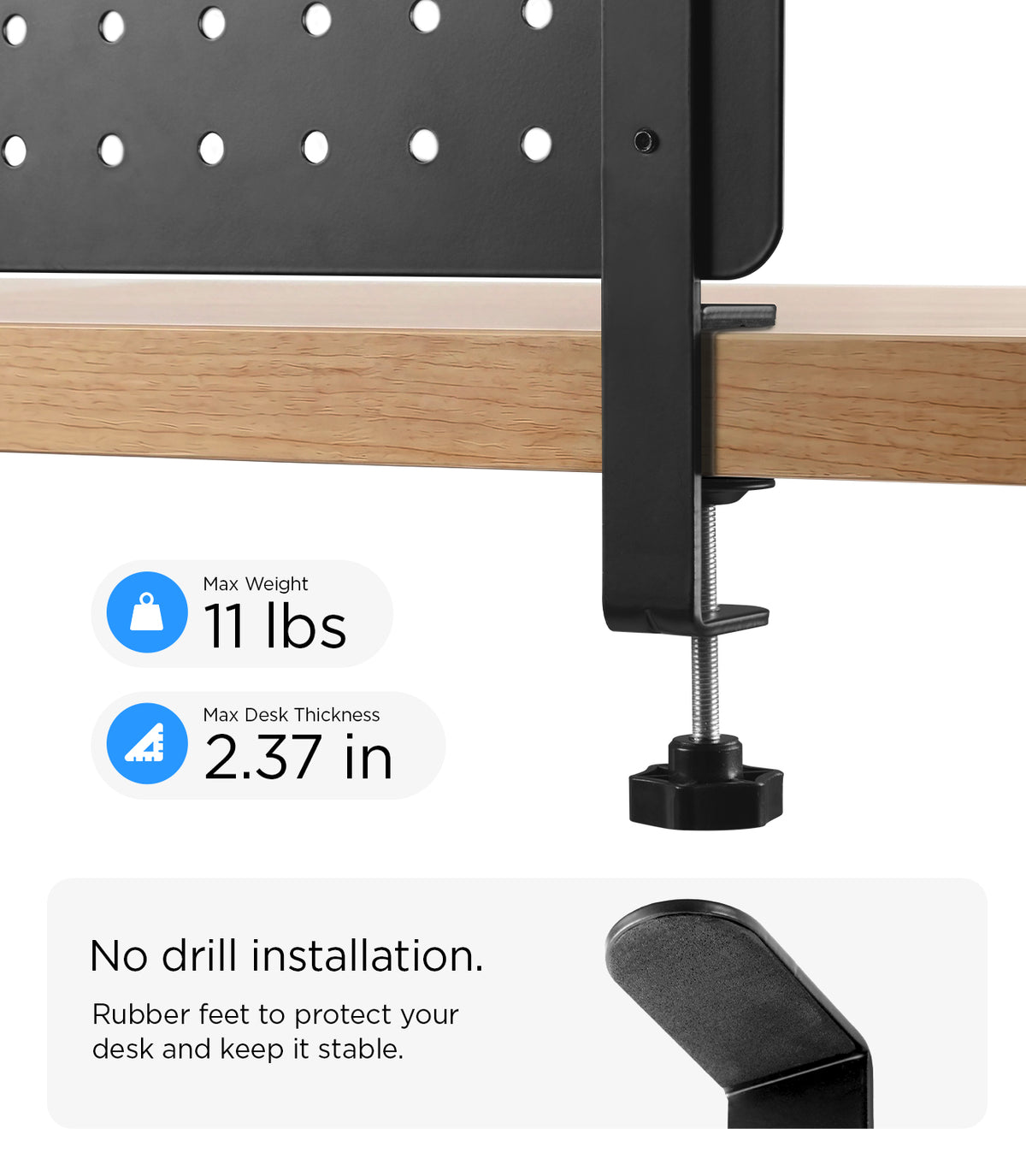 AHP11400 - Clamp Pegboard | LD405 showing a close up of the clamp mechanism attaching the pegboard to a desk edge with weight and thickness specifications labeled