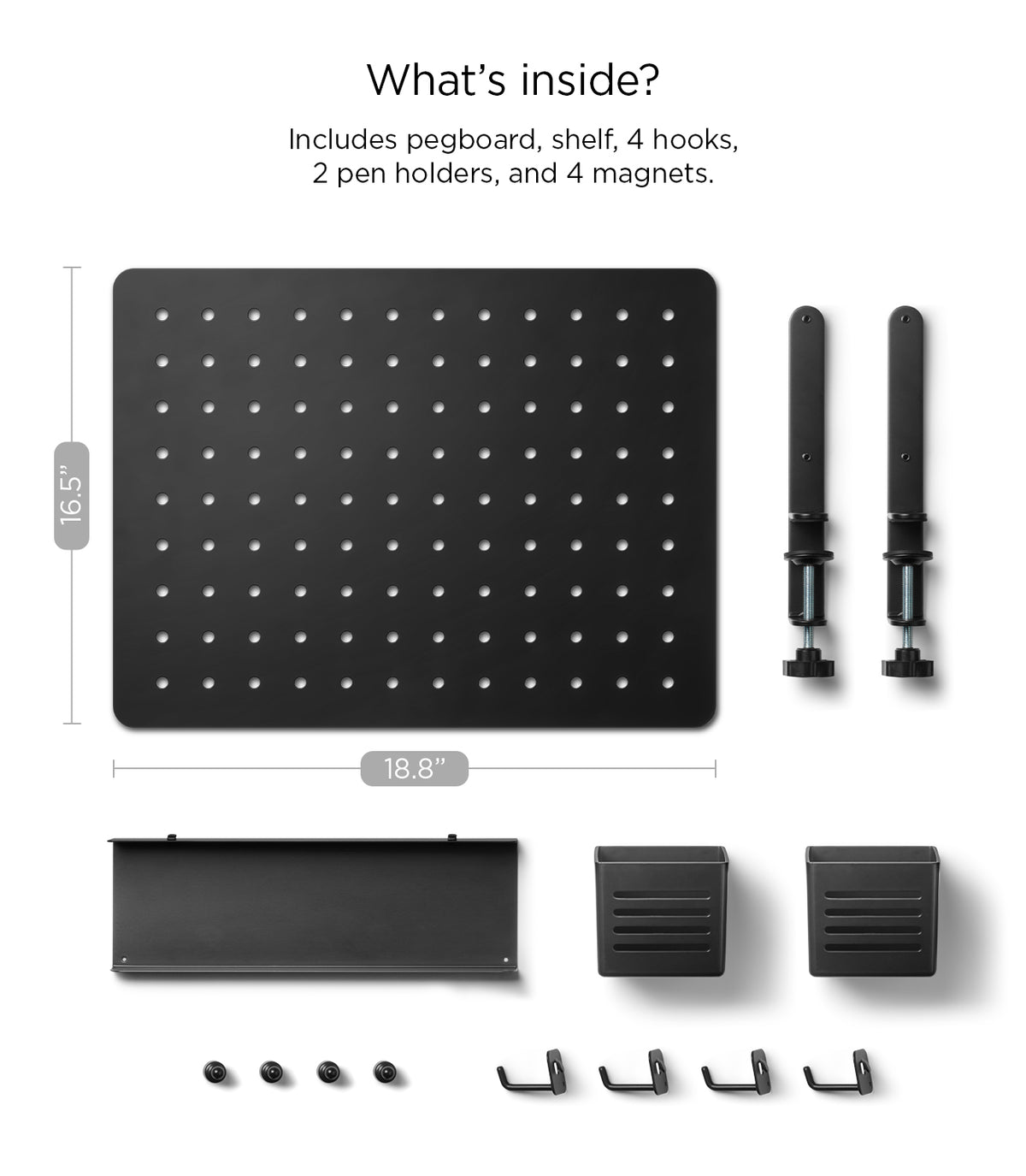 AHP11400 - Clamp Pegboard | LD405 showing the pegboard panel with two clamp legs, a shelf, two storage bins, four hooks, and four magnets laid out