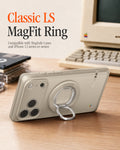 AMP11738 - Classic LS MagFit Ring title banner showing the cream Spigen ring propping up a phone on a wooden desk next to a vintage Macintosh computer