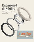 AMP11738 - Engineered durability. Exploded view of the Spigen Classic LS MagFit Ring's internal magnet and metal ring layers, with a callout showing the attachment is 4.3mm thin