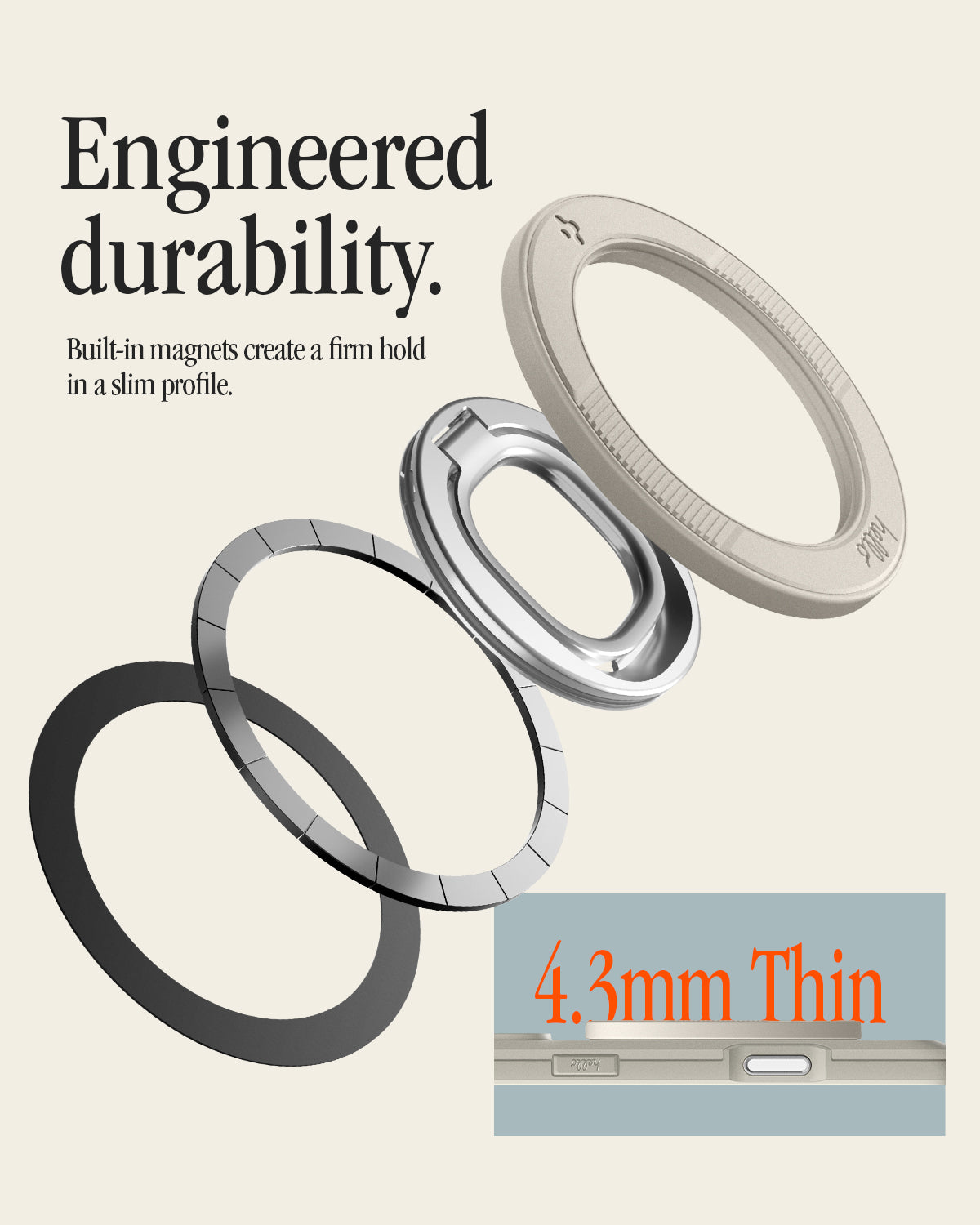 AMP11738 - Engineered durability. Exploded view of the Spigen Classic LS MagFit Ring's internal magnet and metal ring layers, with a callout showing the attachment is 4.3mm thin