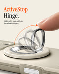 AMP11738 - ActiveStop Hinge. Finger lifting the Spigen MagFit Ring's silver ring to a 90-degree angle, demonstrating the ActiveStop hinge that holds firm without collapsing