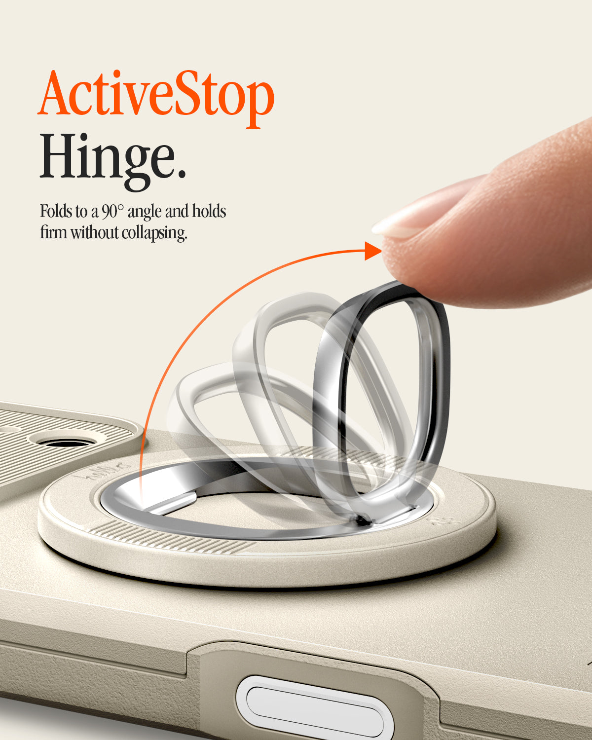AMP11738 - ActiveStop Hinge. Finger lifting the Spigen MagFit Ring's silver ring to a 90-degree angle, demonstrating the ActiveStop hinge that holds firm without collapsing