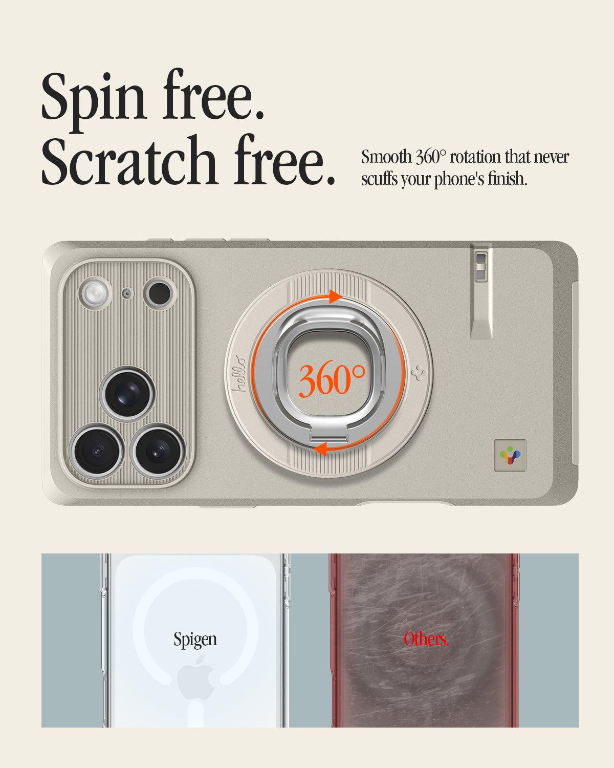 AMP11738 - Spin free. Scratch free. Spigen MagFit Ring rotating 360 degrees on a phone's back, with a comparison showing a scratch-free finish next to another brand's scuffed phone back