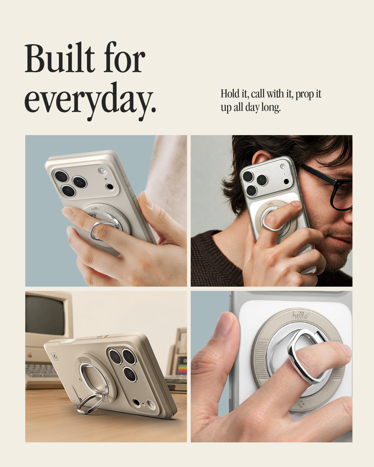 AMP11738 - Built for everyday: 4-photo lifestyle grid (holding, on a call, propped on desk, close-up)