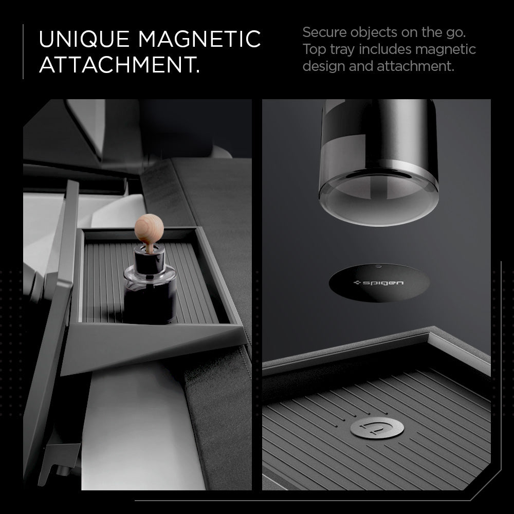 ACP08261 - Tesla Cybertruck Under Screen Organizer CO227 in Black showing the unique magnetic attachment, secure objects on the go , Top tray includes magnetic design and attachment