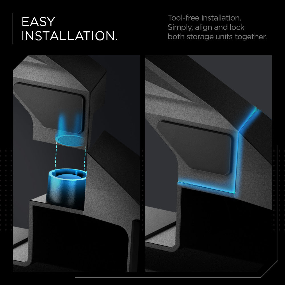 ACP08261 - Tesla Cybertruck Under Screen Organizer CO227 in Black showing the easy to install, tool-free installation. Simply, align and lock both storage units together