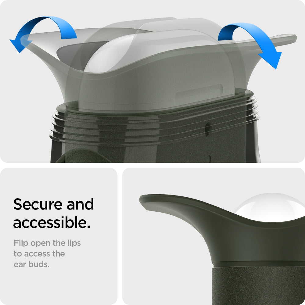 ASD01991 - Apple AirPods 3 Case Slim Armor IP in military green showing the security and accessibility. Flip open the lips to access the ear buds