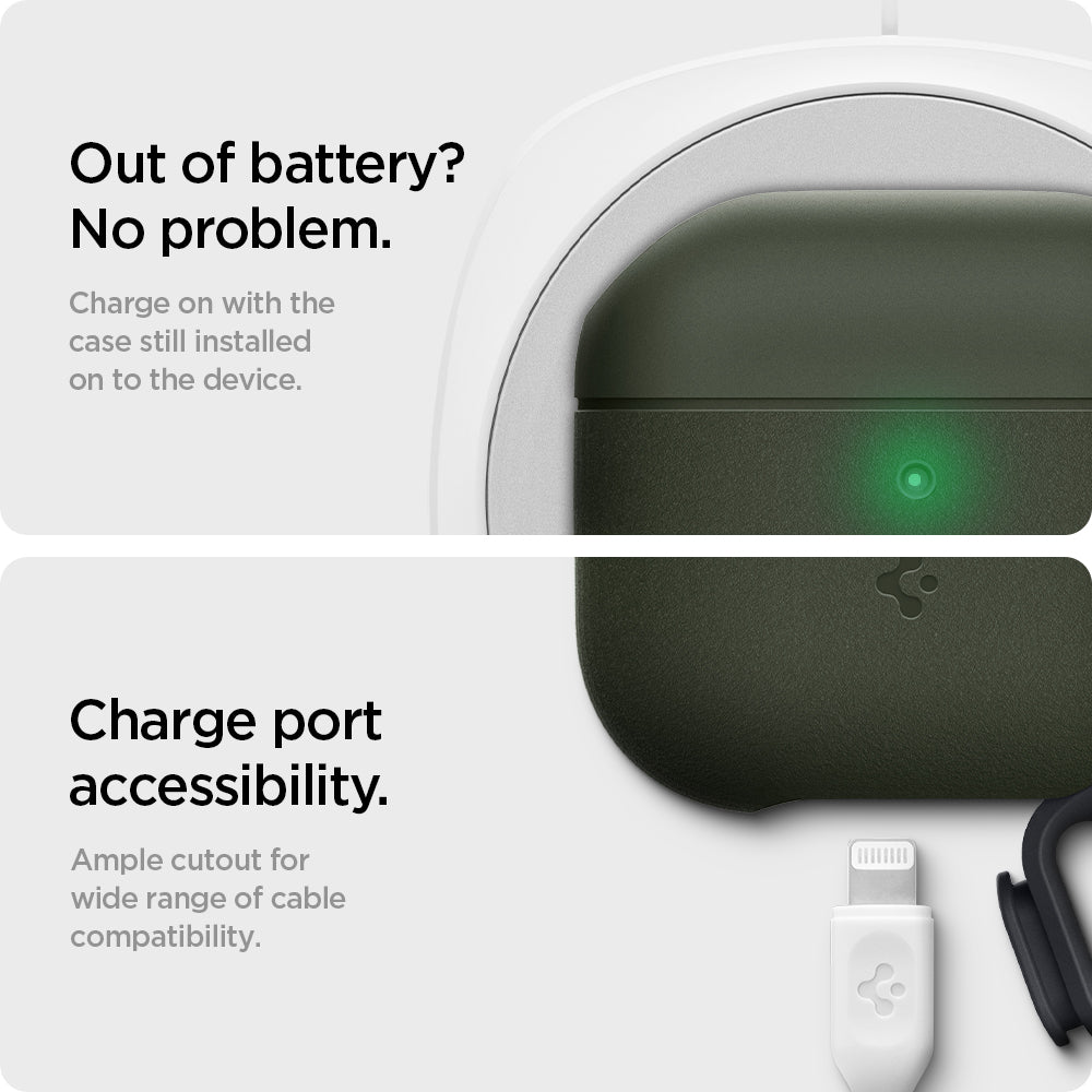 ASD01991 - Apple AirPods 3 Case Slim Armor IP in military green showing the charging on with the case still installed on to the device with ample cutout for wide range of cable compatibility