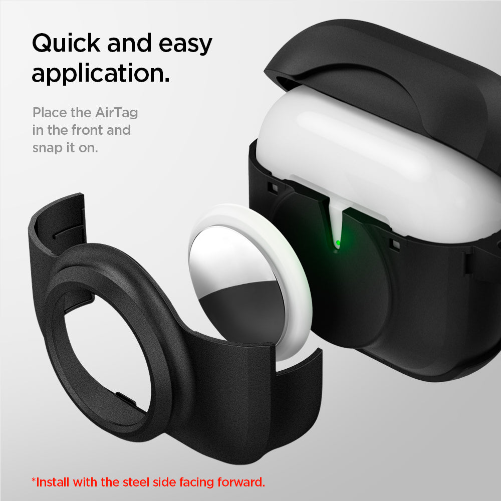 ACS03168 - Apple AirPods 3 Tag Armor Duo in black showing the quick and easy application. Place the AirTagin the front and snap it on. Install with the steel side facing forward