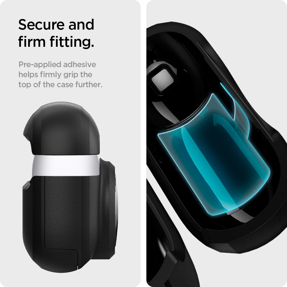 ACS03168 - Apple AirPods 3 Tag Armor Duo in black showing the secure and firm fitting. Pre-applied adhesive helps firmly grip the top of the case further