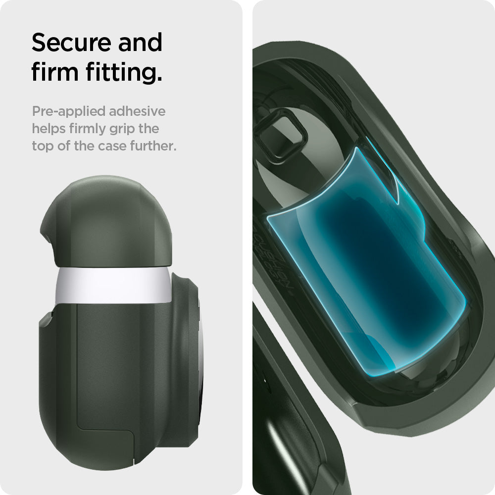 ACS04393 - Apple AirPods 3 Case Tag Armor Duo in military green showing the secure and firm fitting. Pre-applied adhesive helps firmly grip the top of the case further