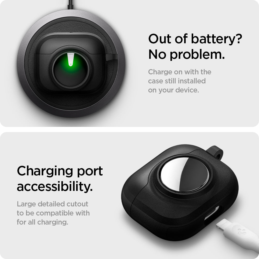 ACS03168 - Apple AirPods 3 Tag Armor Duo in black showing how it charges on with the case still installed on your device. Charging port accessibility. Large detail cutout to be compatible for all charging