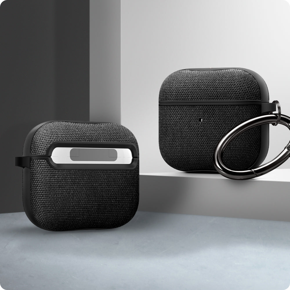 ASD02111 - Apple AirPods 3 Case Urban Fit in black showing the front and back with carabiner attached