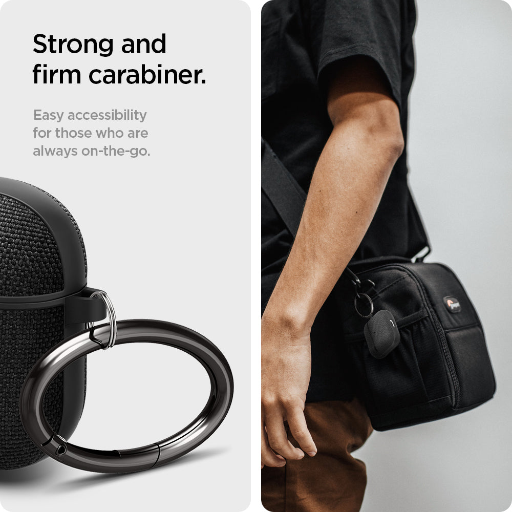 ASD02111 - Apple AirPods 3 Case Urban Fit in black showing the strong and firm carabiner. Easy accessibility for those who are always on-the-go