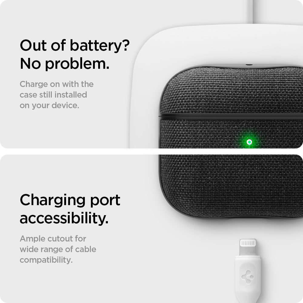 ASD02111 - Apple AirPods 3 Case Urban Fit in black showing charging on with the case while still installed on your device. Charging port accessibility. Ample cutout for wire range of cable compatibility