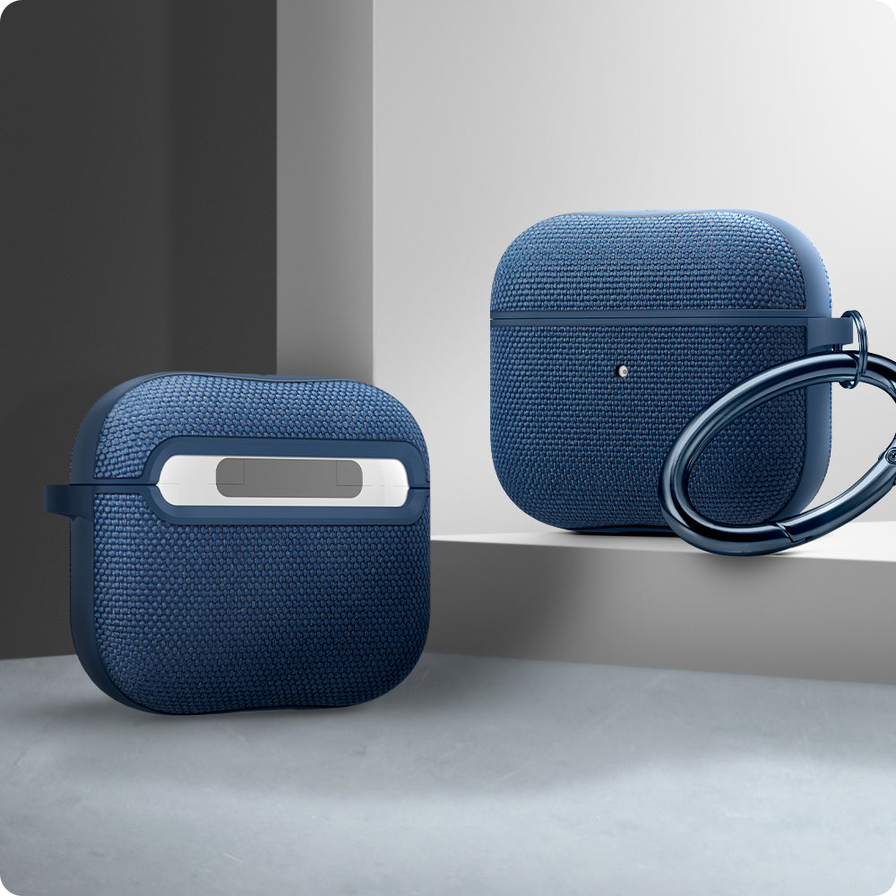 ASD02128 - Apple AirPods 3 Case Urban Fit in navy blue showing the front and back with carabiner attached