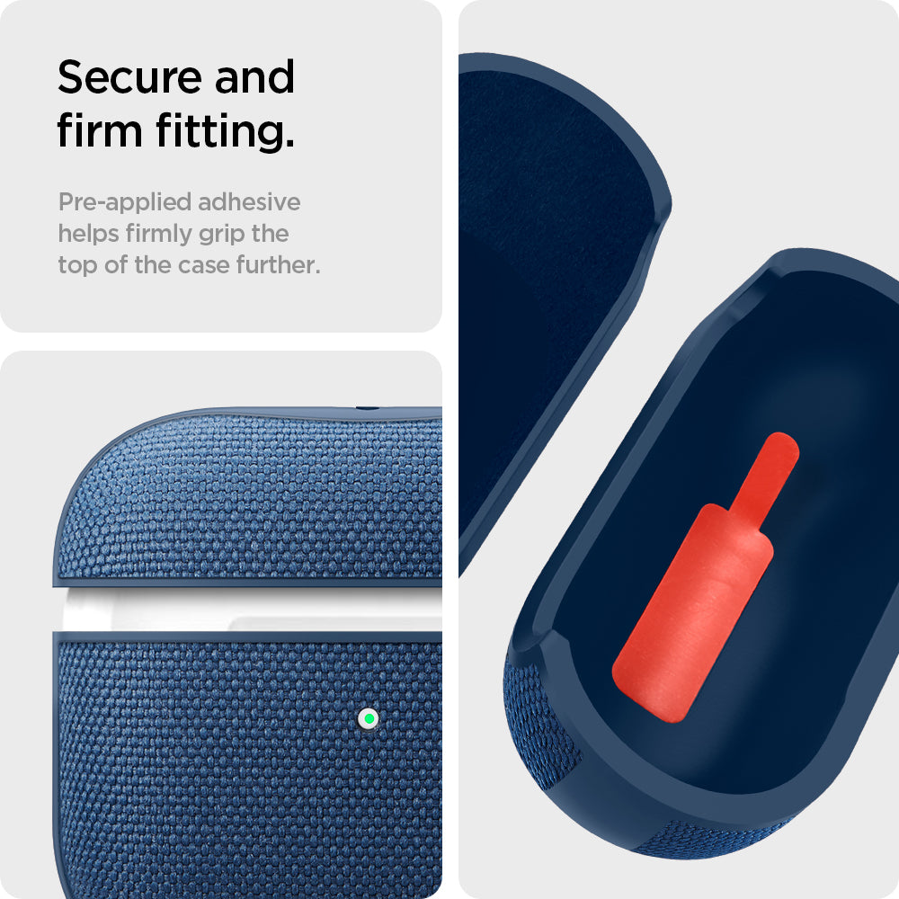 ASD02128 - Apple AirPods 3 Case Urban Fit in navy blue showing the secure and firm fitting. Pre-applied adhesive helps firmly grip the top of the case further