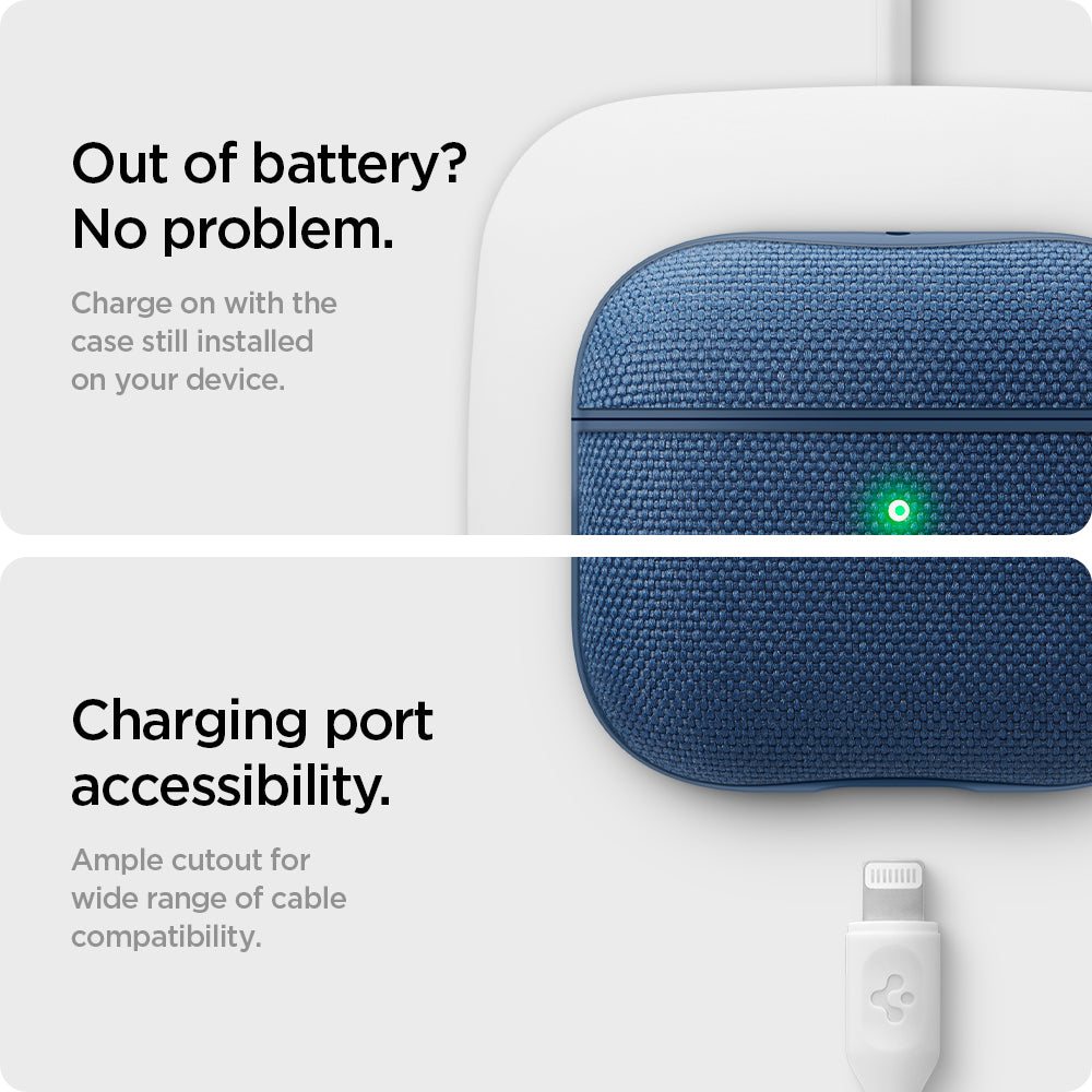 ASD02128 - Apple AirPods 3 Case Urban Fit in navy blue showing the charging on with the case while still installed on your device. Charging port accessibility. Ample cutout for wire range of cable compatibility