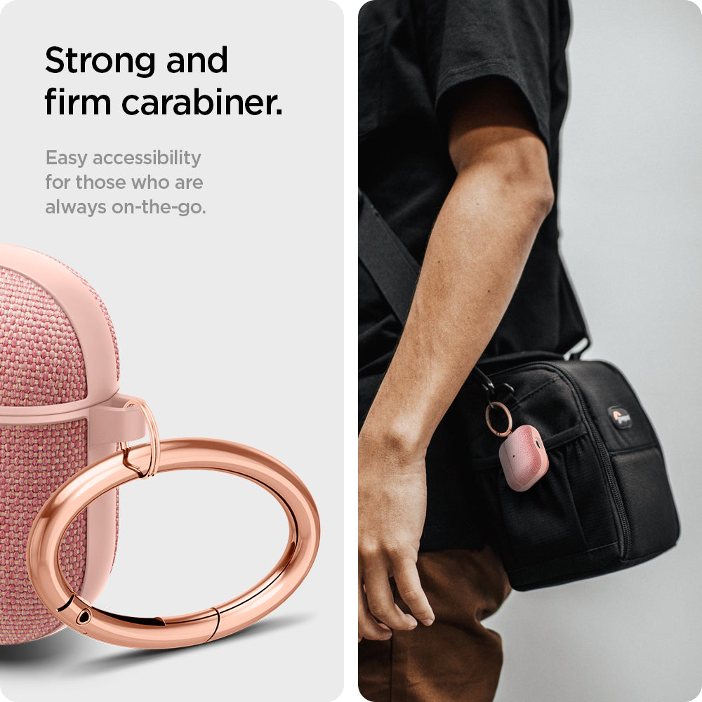 ASD02112 - Apple AirPods 3 Case Urban Fit in rose gold showing the strong and firm carabiner. Easy accessibility for those who are always on-the-go
