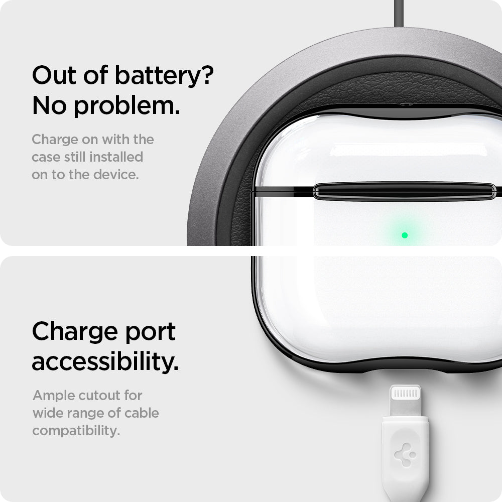 ASD01982 - Apple AirPods 3 Case Ultra Hybrid in jet black showing the charge port accessibility. Ample cutout for wide range of cable compatibility. Charge on with the case still installed on to the device