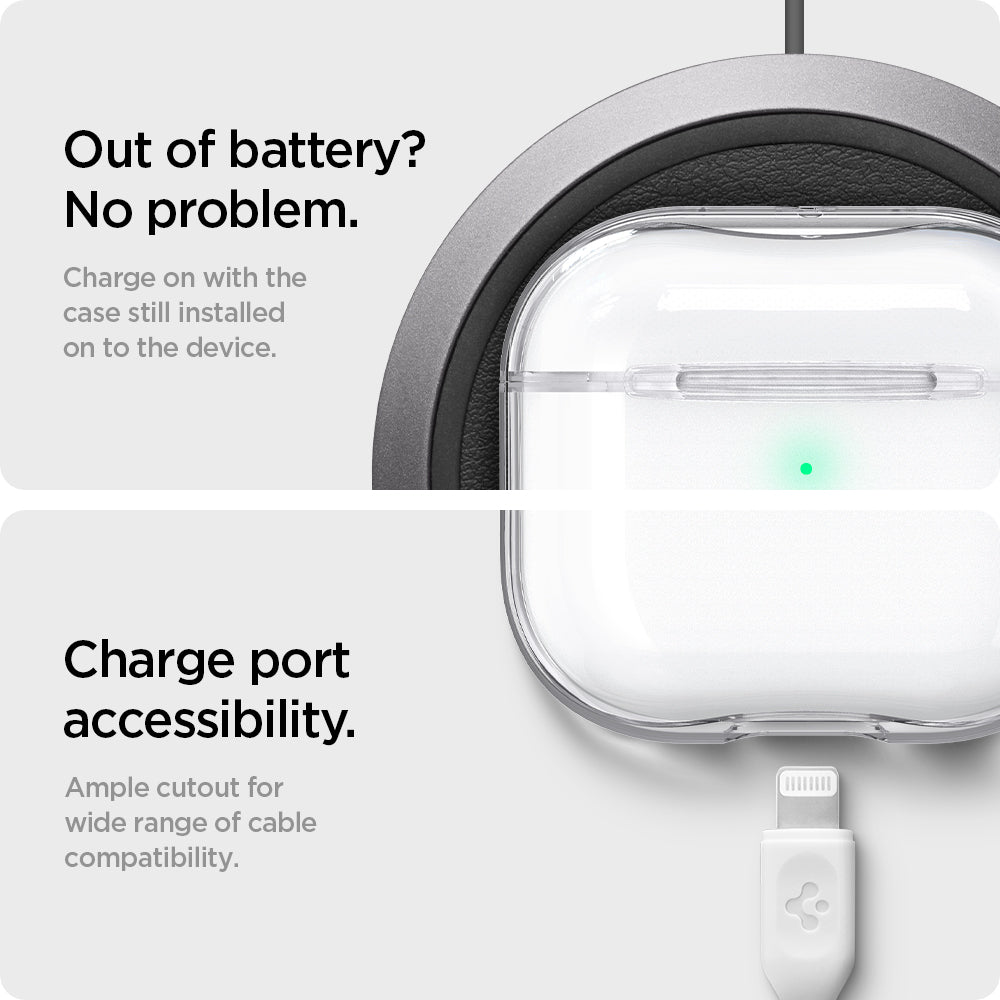 ASD01981 - Apple AirPods 3 Case Ultra Hybrid in crystal clear showing the charge port accessibility. Ample cutout for wide range of cable compatibility. Charge on with the case still installed on to the device