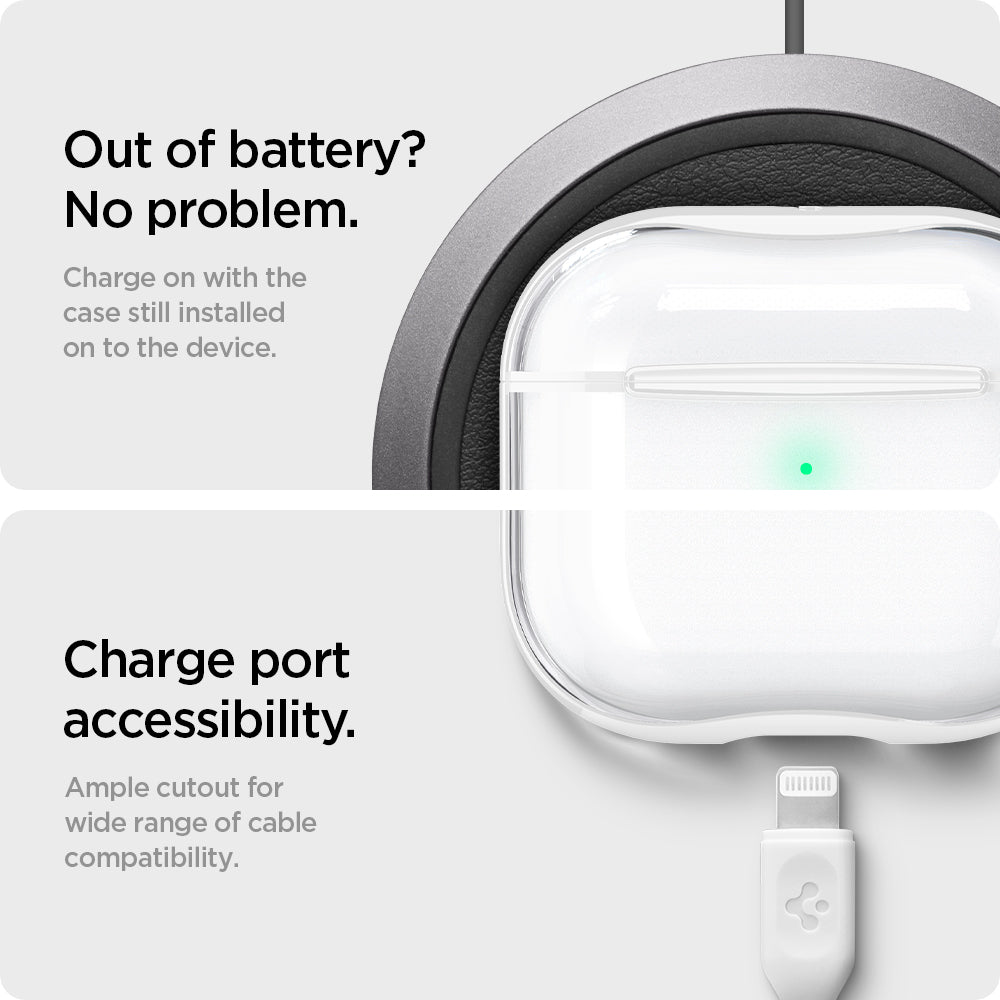 ASD01983 - Apple AirPods 3 Case Ultra Hybrid in jet white showing the charge port accessibility. Ample cutout for wide range of cable compatibility. Charge on with the case still installed on to the device