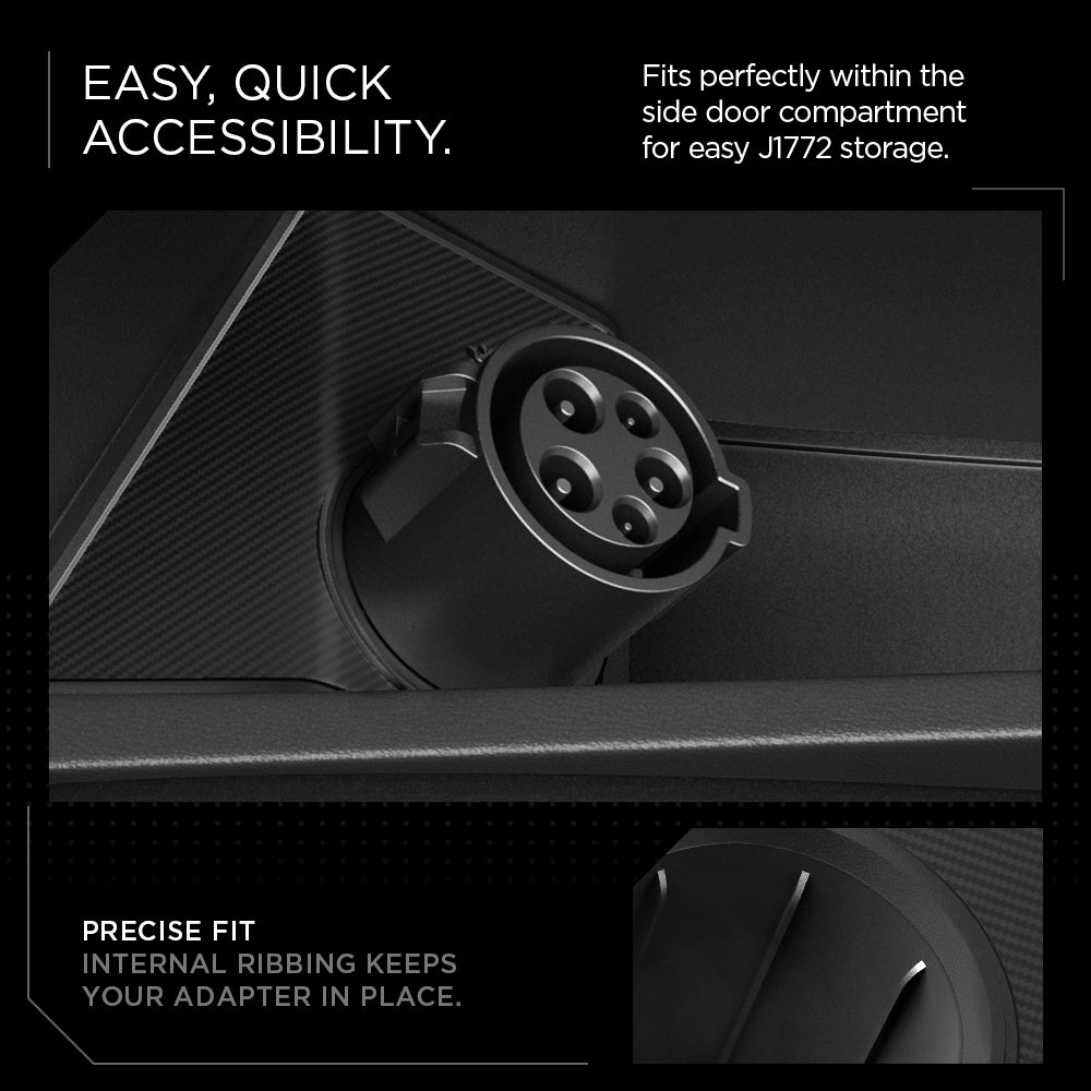 ACP09182 - Tesla cybertruck Charging Adapter Door Dock CO252 in Black easy, quick accessibility. fits perfectly with in the side door compartment for easy J1772 storage. precise fit. internal ribbing keeps your adapter in place.