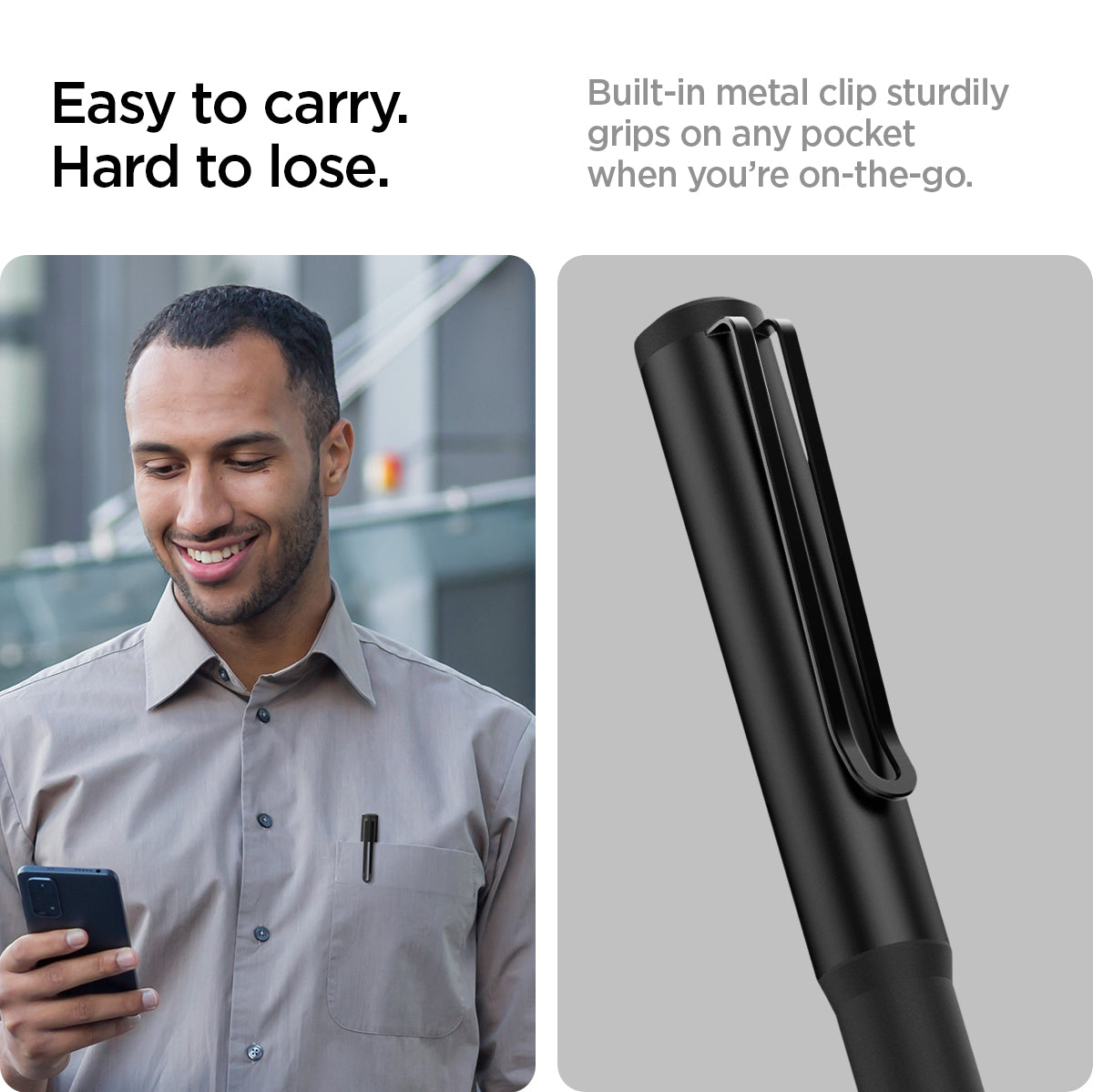 ACS05763 - Apple Pencil Holder DA201 in black showing the easy to carry. Hard to lose. Built-in metal clip sturdily grips on any pocket when you're on-the-go