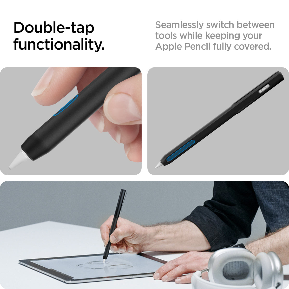 ACS05763 - Apple Pencil Holder DA201 in black showing the double-tap functionality. Seamlessly switch between tools while keeping your Apple Pencil fully covered