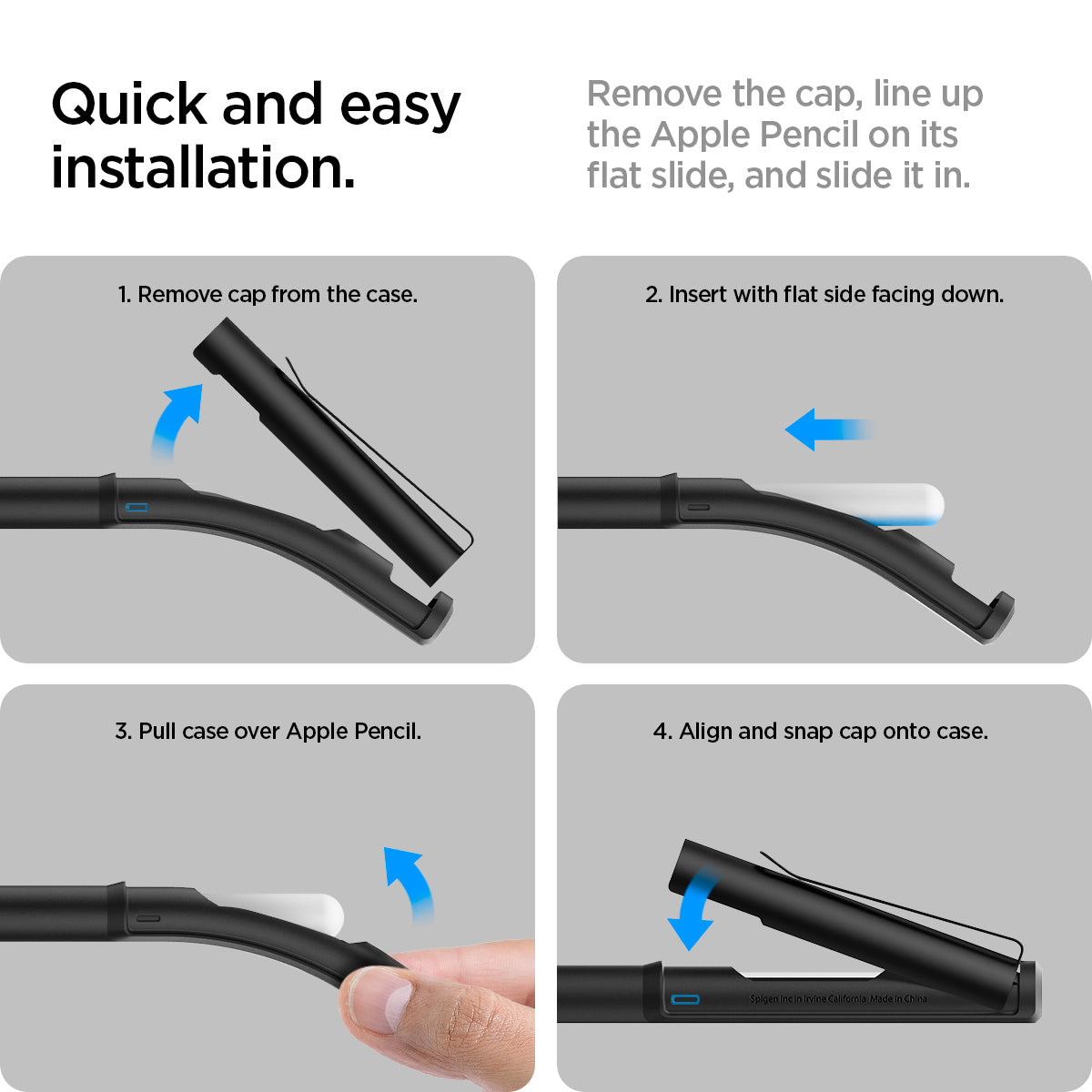 ACS05763 - Apple Pencil Holder DA201 in black showing the quick and easy installation. Remove the cap, line up the Apple Pencil on its flat slide, and slide in 1. Remove cap from the case 2. Insert with flat side facing down 3. Pull case over Apple Pencil 4. Align and snap cap onto case