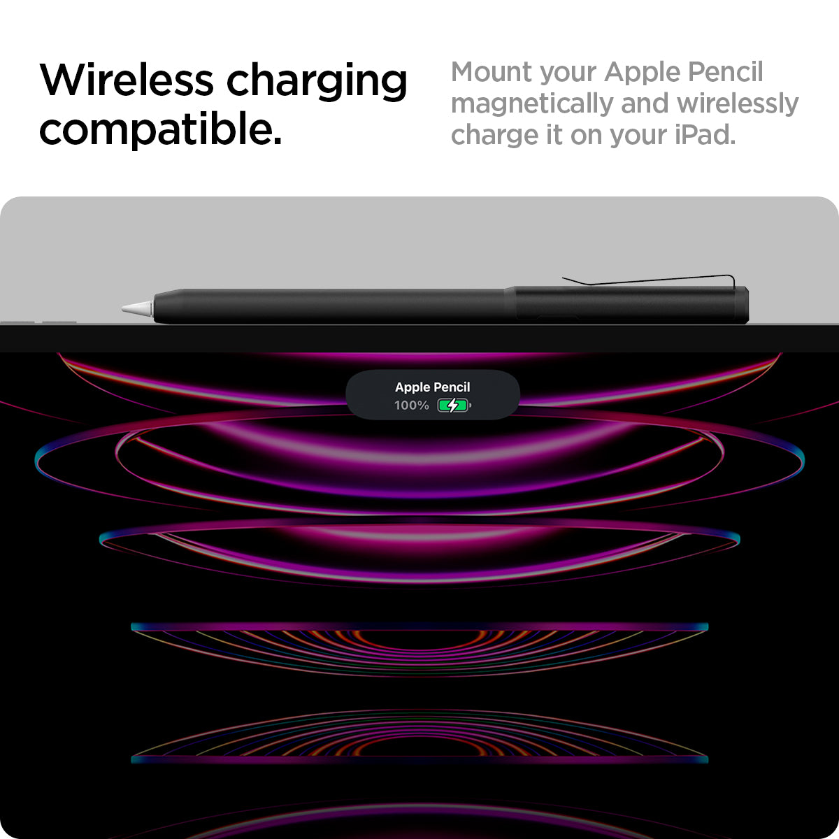 ACS05763 - Apple Pencil Holder DA201 in black showing the wireless charging compatible. Mount your Apple Pencil magnetically and wirelessly charge it on your iPad
