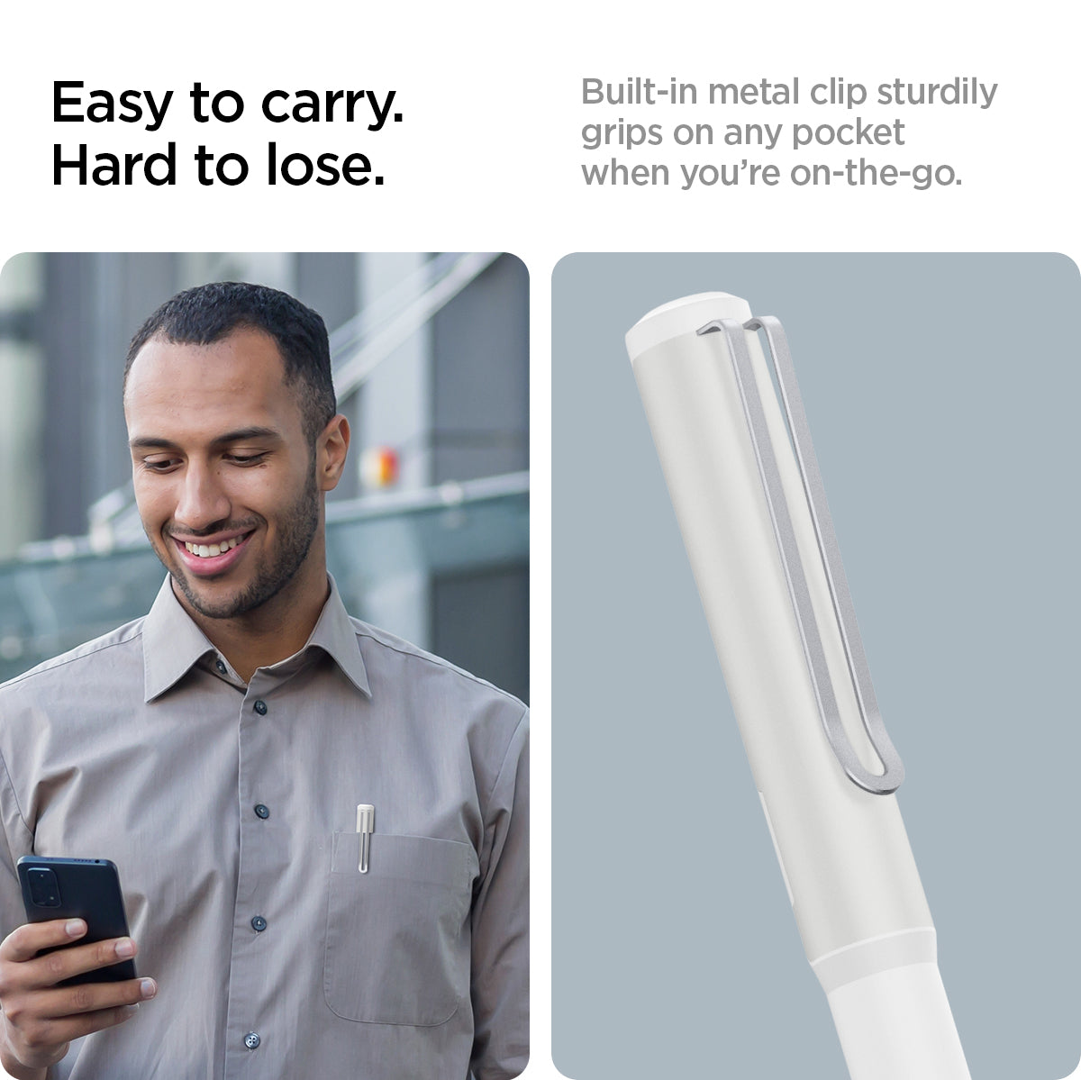 ACS05857 - Apple Pencil Holder DA201 in white showing the easy to carry. Hard to lose. Built-in metal clip sturdily grips on any pocket when you're on-the-go