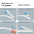 ACS05857 - Apple Pencil Holder DA201 in white showing the quick and easy installation. Remove the cap, line up the Apple Pencil on its flat slide, and slide in 1. Remove cap from the case 2. Insert with flat side facing down 3. Pull case over Apple Pencil 4. Align and snap cap onto case