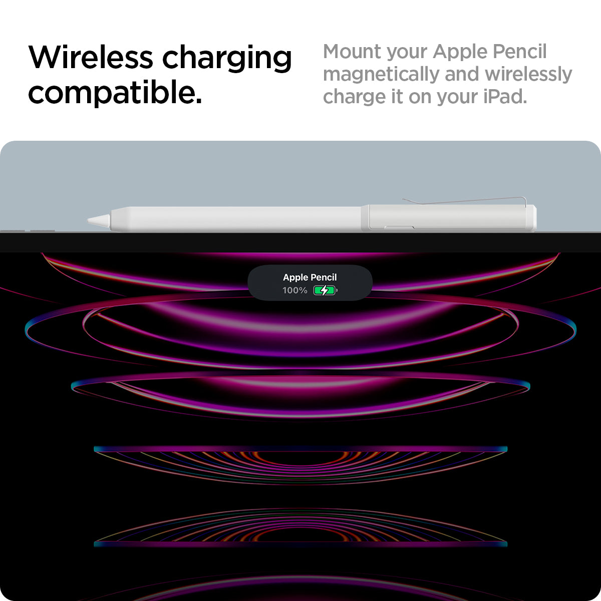 ACS05857 - Apple Pencil Holder DA201 in white showing the wireless charging compatible. Mount your Apple Pencil magnetically and wirelessly charge it on your iPad