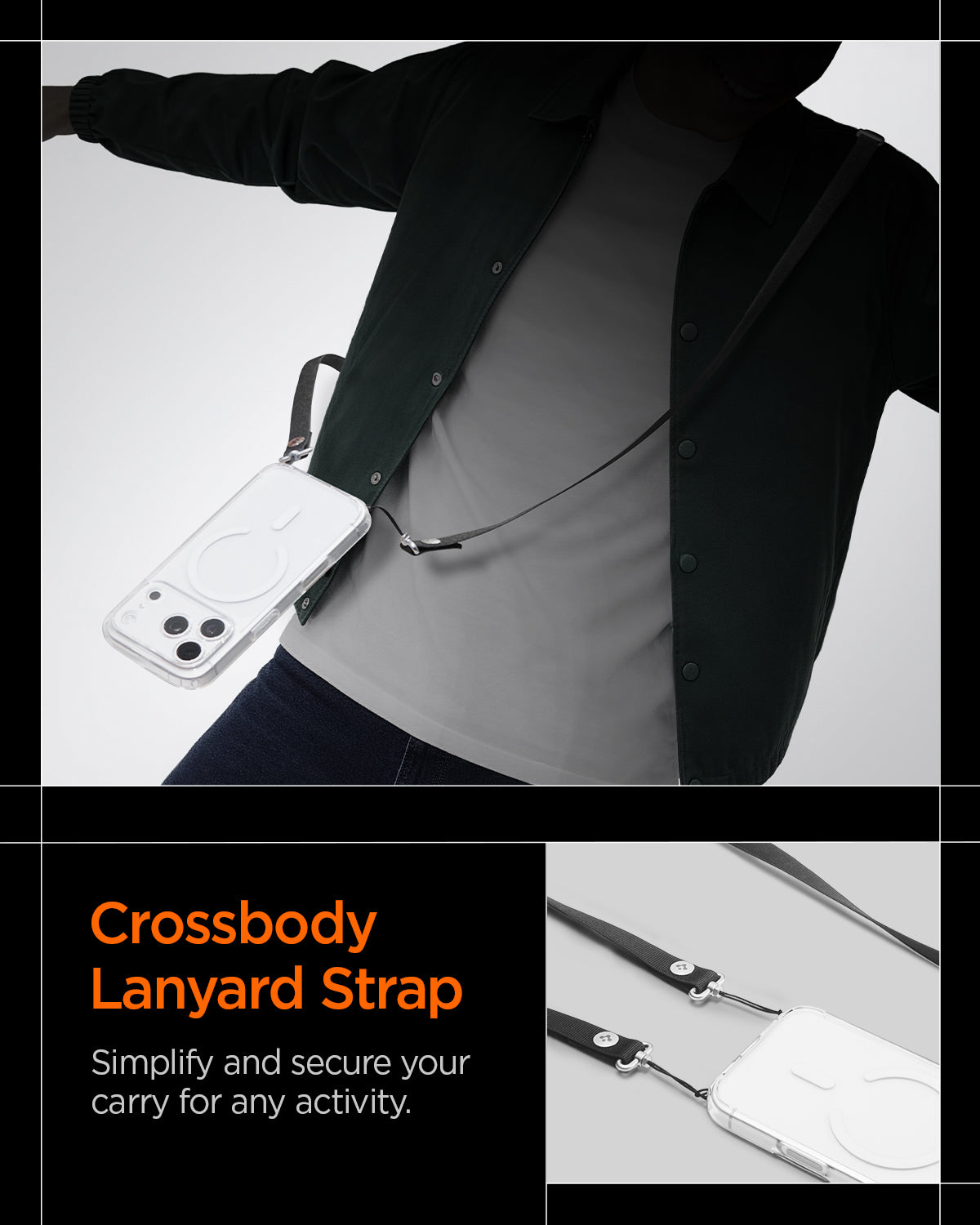 AFA10614 - Spigen Universal Lanyard Strap showing hands free carry with clear phone case"