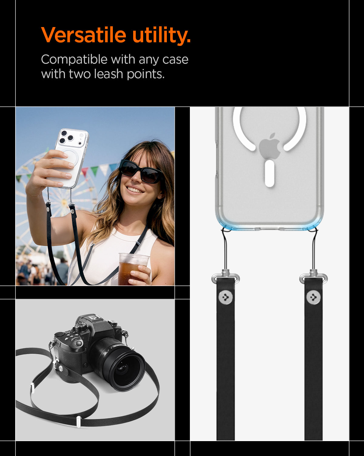 AFA10614 - Spigen Universal Lanyard Strap demonstrating versatile utility with phone case and camera attachments