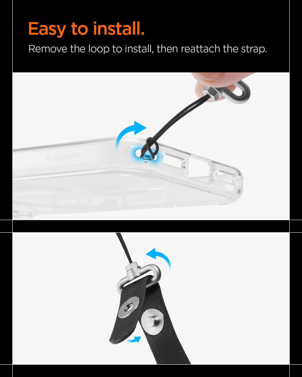 AFA10614 - Spigen Universal Lanyard Strap showing step by step loop removal and strap reattachment for easy installation