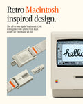 AFA10617 - DA30S LS lanyard strap showcasing retro Macintosh inspired design with quick-release buckle, hello embossed connector, woven strap with orange accent, and classic Apple Macintosh 128K visual reference
