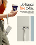 AFA10617 - DA30S LS lanyard strap worn on wrist holding iPhone case hands-free while carrying a coffee, showcasing secure wrist attachment, everyday mobility, and convenient quick-release design