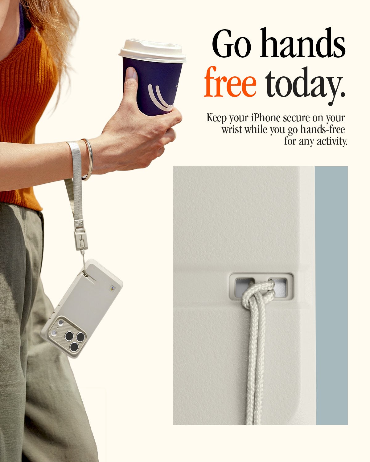 AFA10617 - DA30S LS lanyard strap worn on wrist holding iPhone case hands-free while carrying a coffee, showcasing secure wrist attachment, everyday mobility, and convenient quick-release design