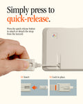 AFA10617 - DA30S LS lanyard quick-release mechanism demonstration showing press-to-release button, insert and lock steps, and secure attachment to iPhone case for fast detachment and reattachment