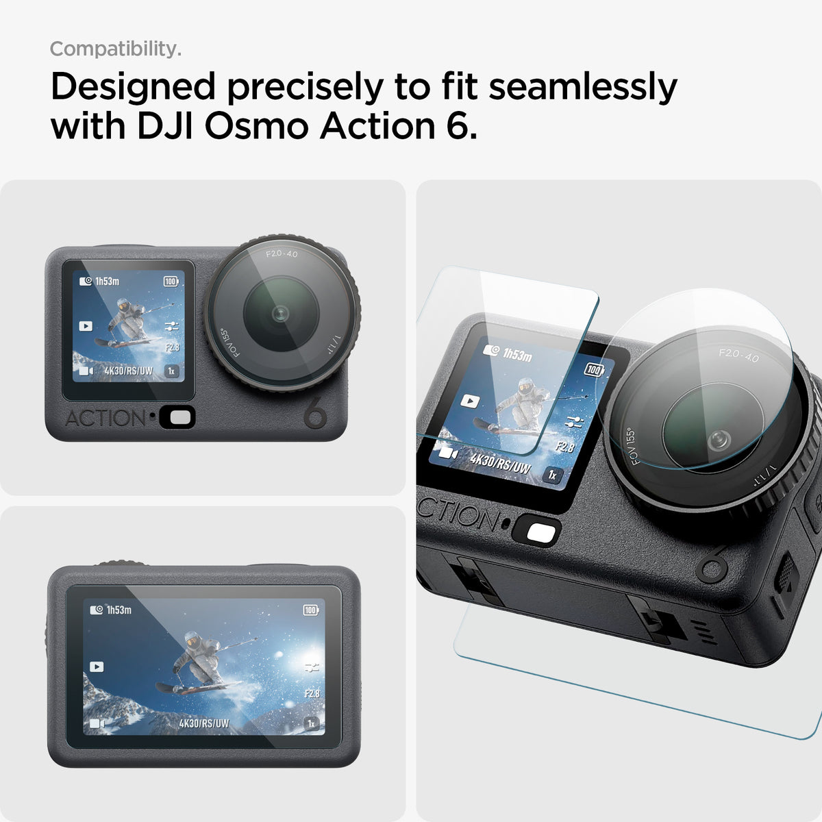 AGL11837 - DJI Osmo Action 6 GLAS.tR SLIM showing tempered glass protectors designed to fit the front screen, camera lens, and back screen of DJI Osmo Action 6