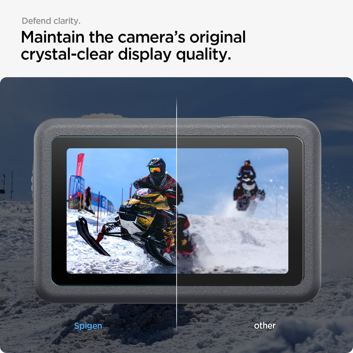 AGL11837 - DJI Osmo Action 6 GLAS.tR SLIM showing a display clarity comparison between the screen protector and another protector on an action camera