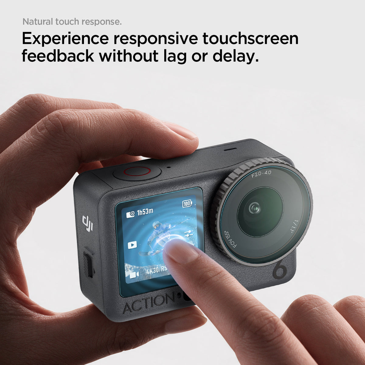 AGL11837 - DJI Osmo Action 6 GLAS.tR SLIM showing a finger using the protected touchscreen to demonstrate responsive touch feedback