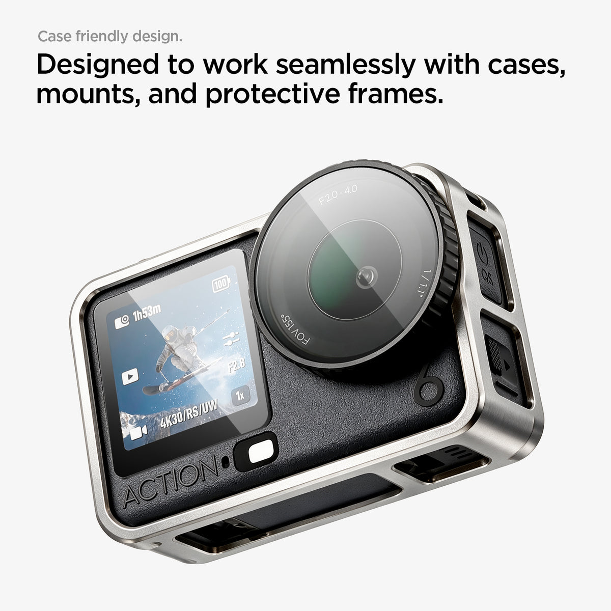 AGL11837 - DJI Osmo Action 6 GLAS.tR SLIM showing tempered glass protectors installed on an action camera with a protective frame
