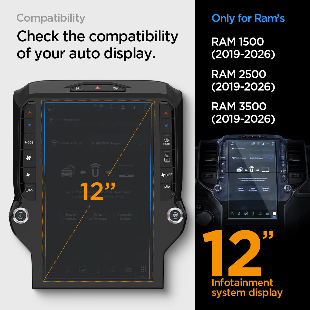 AGL04047 - Dodge Ram Screen Protector GLAS.tR SLIM Anti-Glare showing compatibility chart for Ram 1500, 2500, and 3500 2019 to 2026 with 12 inch infotainment display reference