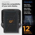 AGL04047 - Dodge Ram Screen Protector GLAS.tR SLIM Anti-Glare showing compatibility chart for Ram 1500, 2500, and 3500 2019 to 2026 with 12 inch infotainment display reference