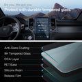 AGL04047 - Dodge Ram Screen Protector GLAS.tR SLIM Anti-Glare showing Ram truck infotainment screen with installed protector and exploded layer diagram of anti-glare coating, 9H tempered glass, OCA layer, PET base, silicone resin, and release film