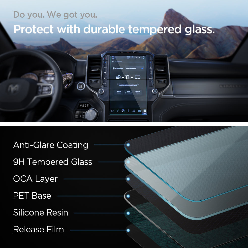 AGL04047 - Dodge Ram Screen Protector GLAS.tR SLIM Anti-Glare showing Ram truck infotainment screen with installed protector and exploded layer diagram of anti-glare coating, 9H tempered glass, OCA layer, PET base, silicone resin, and release film